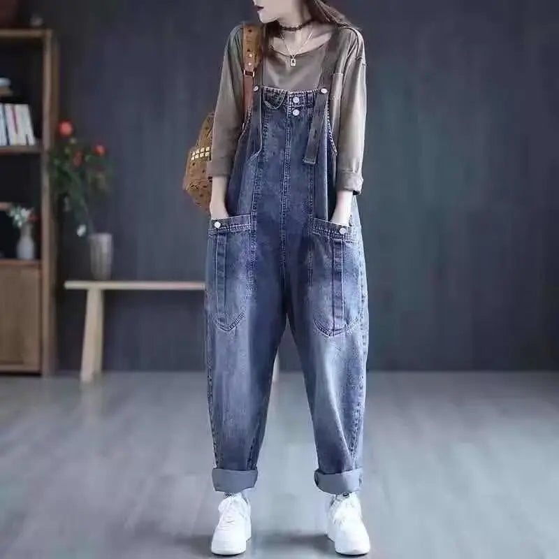 Bleached Jeans Ankle Length Women Overalls Washed Loose Fit Denim Harem Pants Spliced Pockets High Street Jean Solid 2024