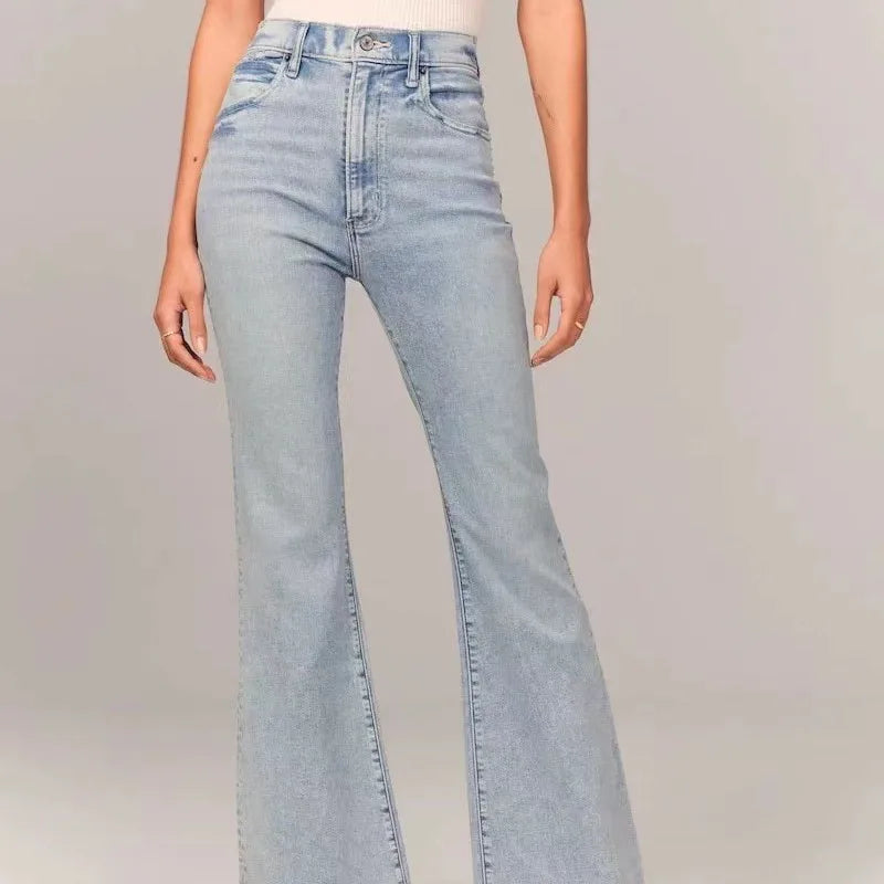 Women Jeans Flare Pants Denim Washing Loose Fit Bootcut Pockets High Street Slight Strech Solid Full Length Spring 2024