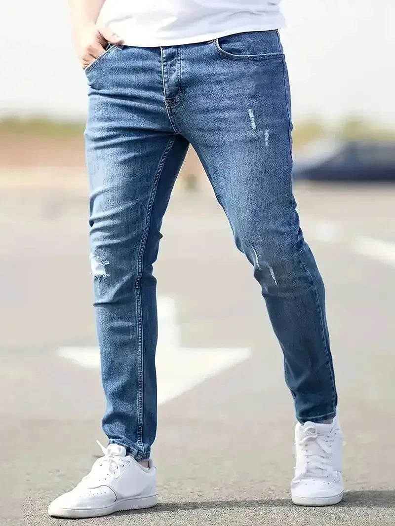 Distressed Men Jeans Denim Holes Skinny Vintage Wash Solid Pencil Pants 2024 Ankle Length Sheath Punk Style Pockets Slim