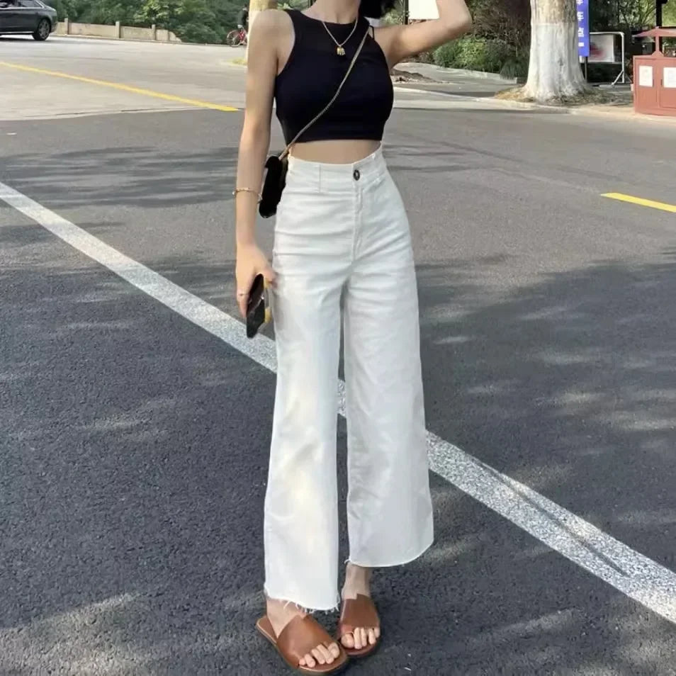 White Jeans Women Summer High Waist Rough Selvedge Ankle Length Straight Pants Woman Vintage Streetwear Wide Leg Denim Trousers