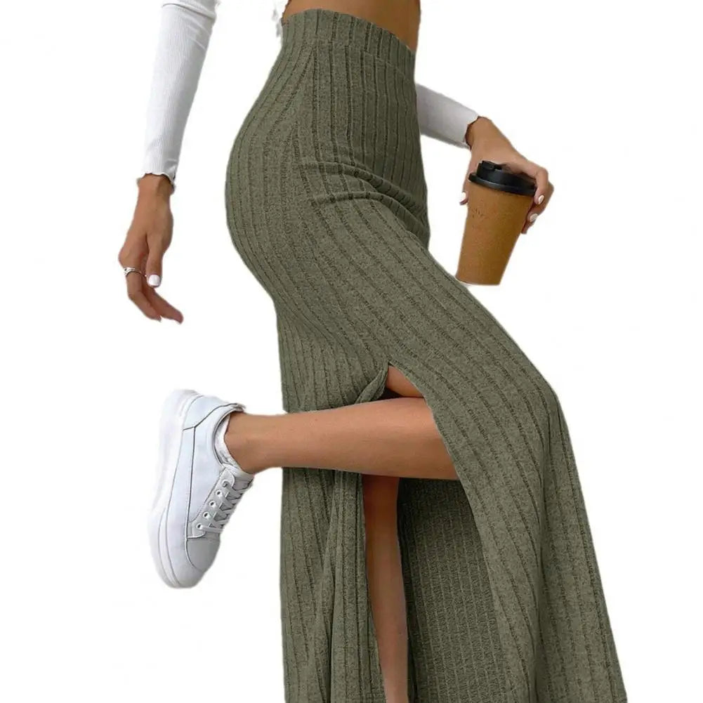 Autumn Winter Elegant Women Maxi Ribbed Skirt High Waist Side Slit Knitting Skirt Slim Long Skirt Summer