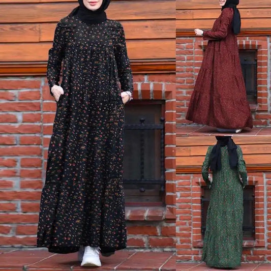 Muslim Abayat Fashion Print Cotton Linen Long Vintage Dress for Women, Dubai Kaftan, Islam, Spring, Autumn