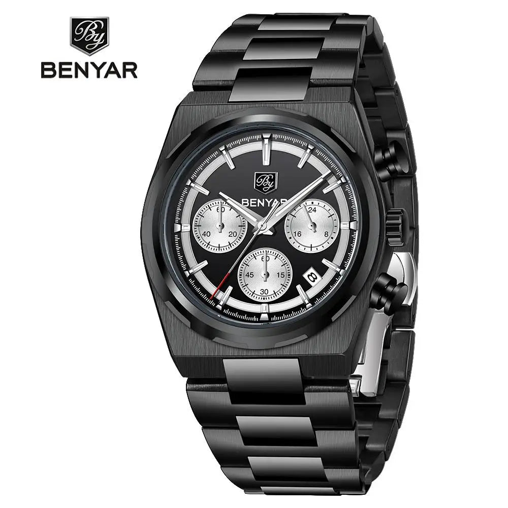 Benyar 40MM Multi-function Quartz watch Mineral Strengthened Glass Stainless steel waterproof strap Timing clock watch for men