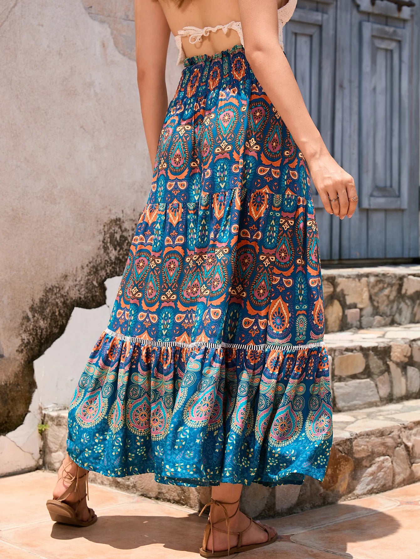 Bohemian Printed Skirt Holiday Women Beach Skirt Travel Long Skirts Ethnic Splicing A-LINE Mid Skirts Womens 2024