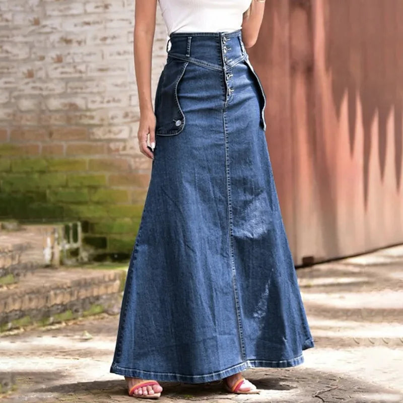 Skirts Women A Line Long Skirt Slim Fit High Waist Elegant Splice Denim Sexy Casual Regular Pocket Button Solid Summer 2024