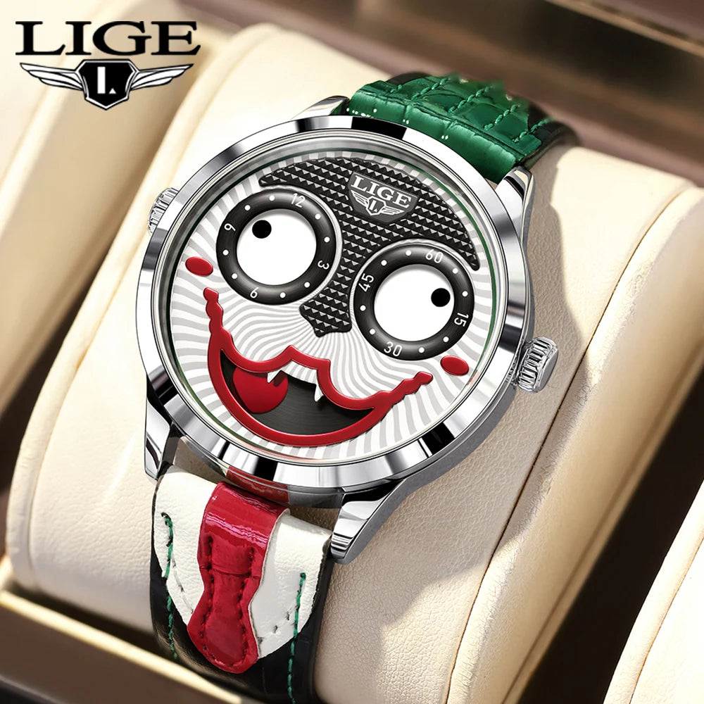 LIGE Cool Joker Watch Men Classic Men's Clown Watches Fashion Leather Strap Waterproof Quartz Wristwatches For Men Reloj Hombre