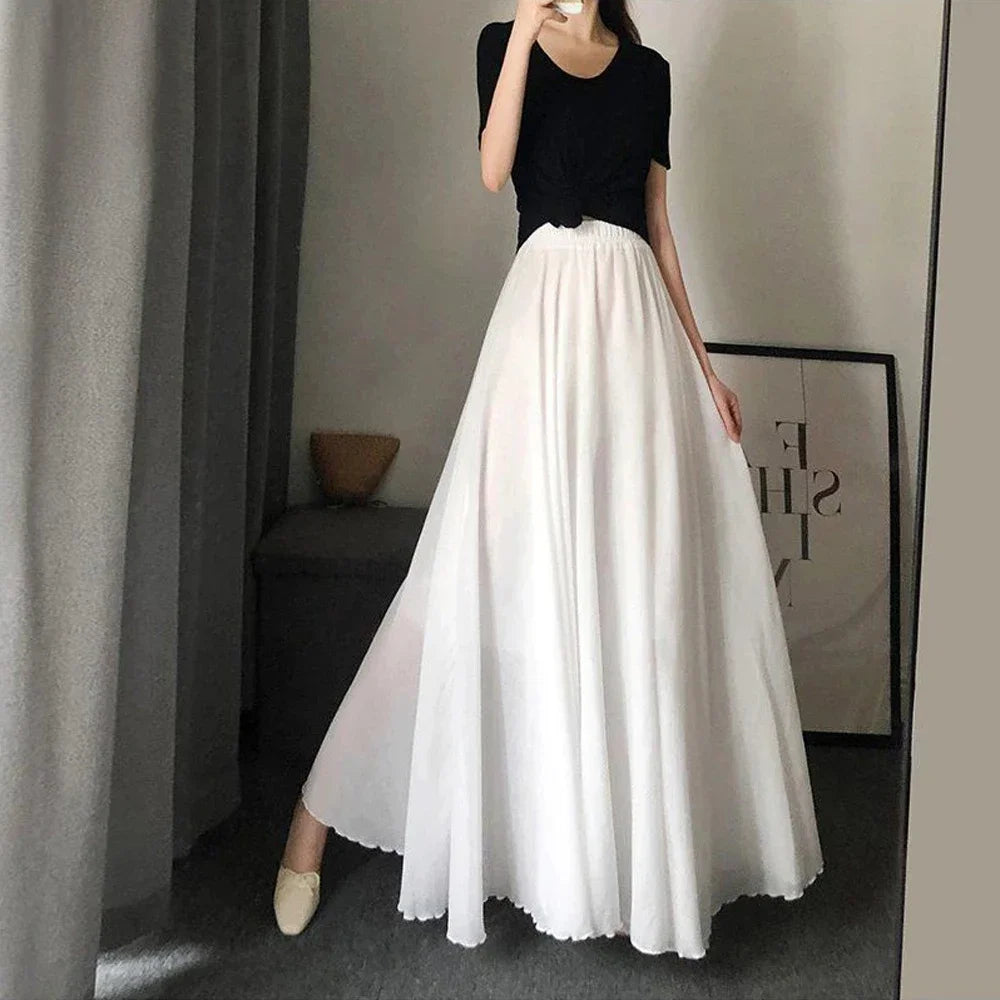 Casual Cotton Linen Effect Pleated Midi Skirt Ladies Elastic Waist A-line Wave Sun Skirt Women Black White Solid Elegant Skirts