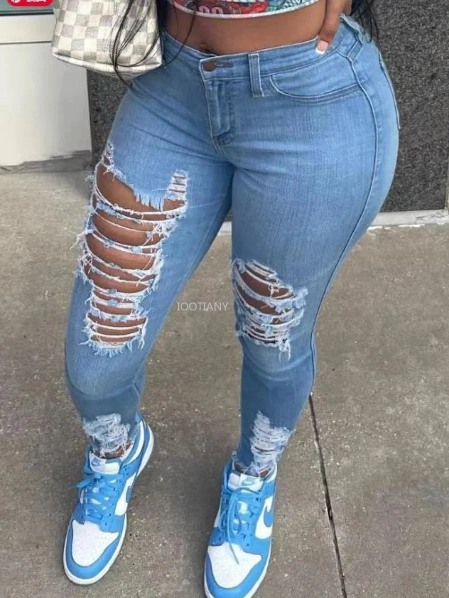 New Trendy Casual High Street Ripped Pencil Jeans Mid Waist Ripped Pocket Design Regular Stretchy Denim Pants Calf Pants