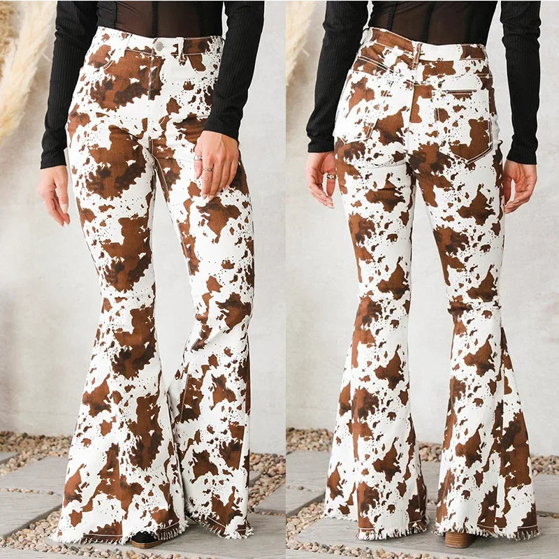 Women's Spring and Autumn Fashion Printed Micro-flared High-waisted Jeans, Slim-fit Bell-bottoms Printed Reach The Ground Jeans