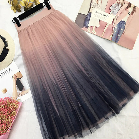 Long Tulle Skirt Women 2019 Autumn Gradient Korean Elegant High Waist A-line Pleated School Midi Skirt Female