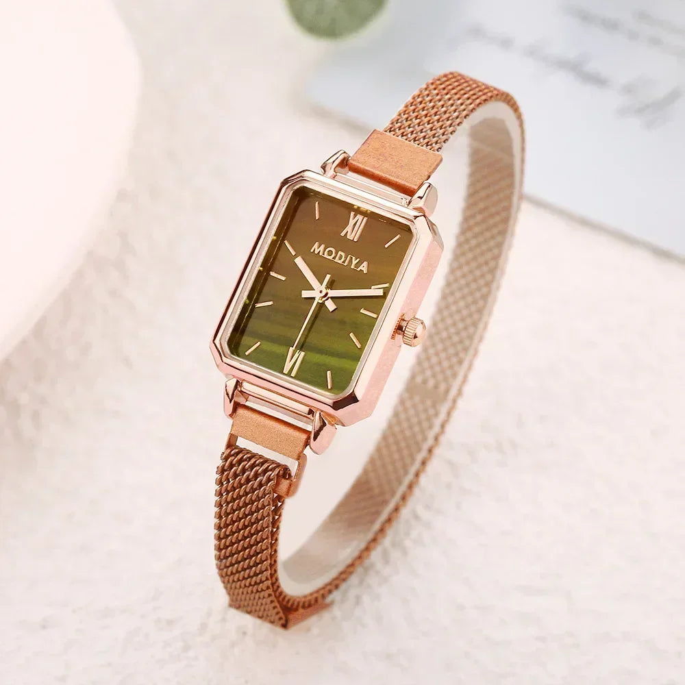 2024 New Women Watches Fashion Square Ladies Quartz Watch Magnetic Strap Green Dial Simple Rose Gold Mesh Luxury Women Watches