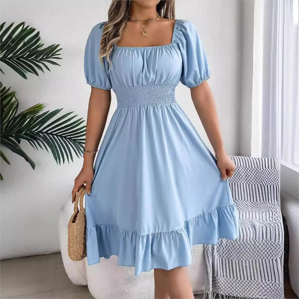 Women's MIidi Dresses 2024 Summer Casual Square Neck Short Sleeved Waist Ruffle Edge Dress Dress Women Elegant Платья Женские