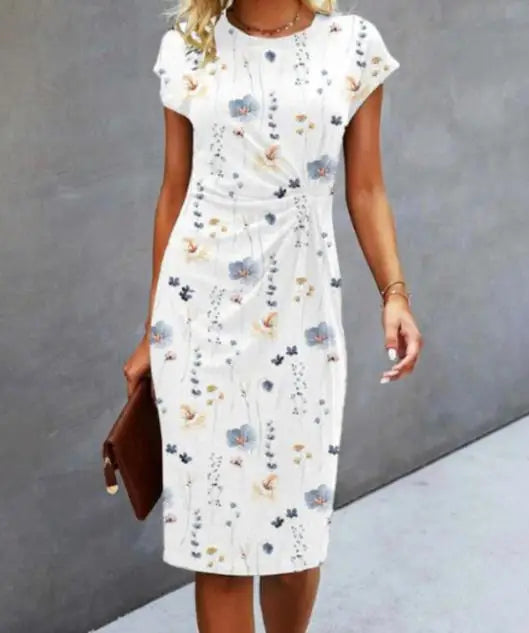 Women's Dresses 2023 Summer Fashion Polka Dot Print Casual Loose Round Neck Short Sleeve Ruched Daily Midi Dress