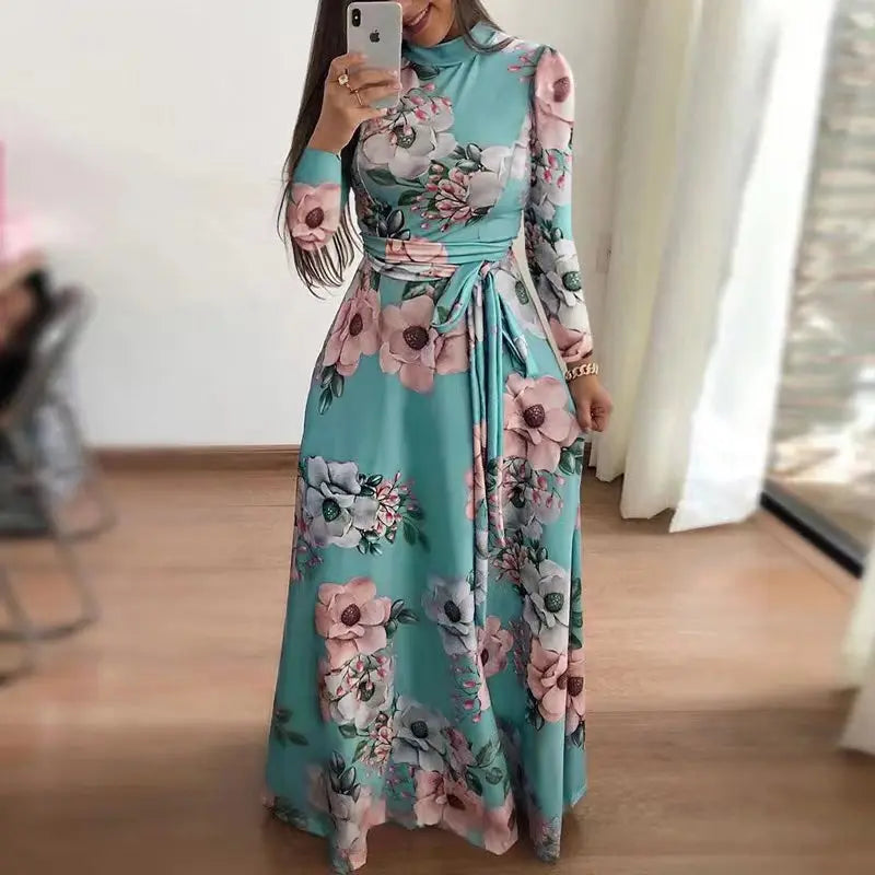 Autumn Women's Printed Maxi Dress Fashionable Long Sleeve Lace Up 3D Round Neck Vestidos Evening Long Elegant Dresses S-5XL