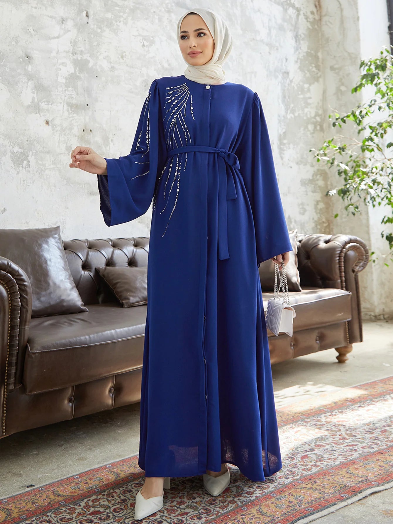 Mandylandy Abaya Middle Eastern Robe Women's Muslim Dress Turkey Dubai Caftan Islamic Clothing Beaded Hot Diamond Dress Abaya