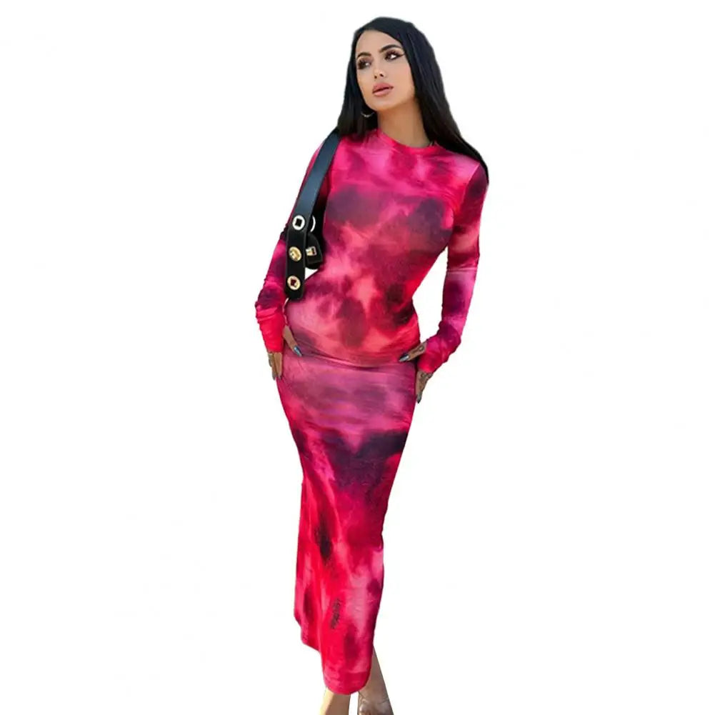 O Neck Tie-dye Dress Elegant Women's Long Sleeve Maxi Dress with Round Neck Slim Fit Ankle Length Tie-dye for Spring for Women