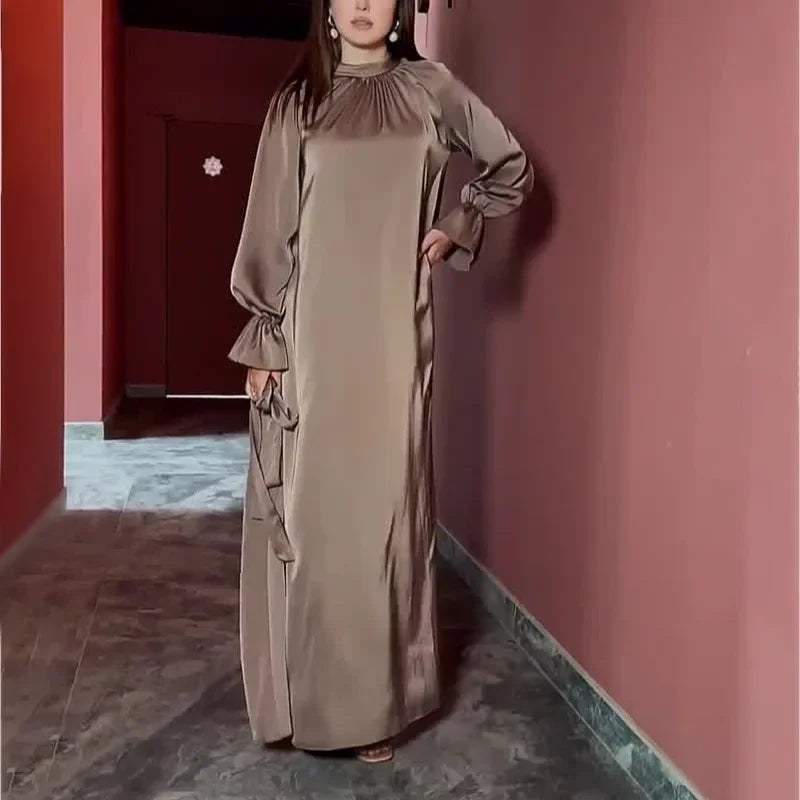 Long Sleeve Muslim Dress Women Solid Satin Dress for Women Slim-fit Belt Evening Dresses Abaya Dubai Islamic Clothing Vestidos