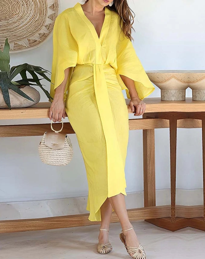 Hanging Bat Sleeves Hanging Midi Yellow Thin Summer Women's Dress V-Neck Waist Slim Fit Casual Loose Wrapped Hip Long Dress