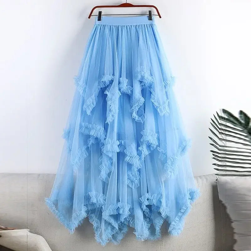 Summer Fashion Irregular Cake Tulle Skirt Women Sweet Midi Long High Waist A-line Skirt Female Mesh Party Evening Skirt