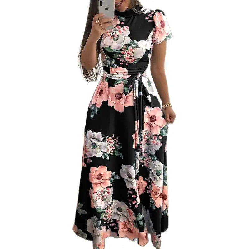 2023 Summer New Women's Luxury Sexy Retro Fashion Round Neck Mid Waist Casual Comfortable Flower Printed Large Swing Dress