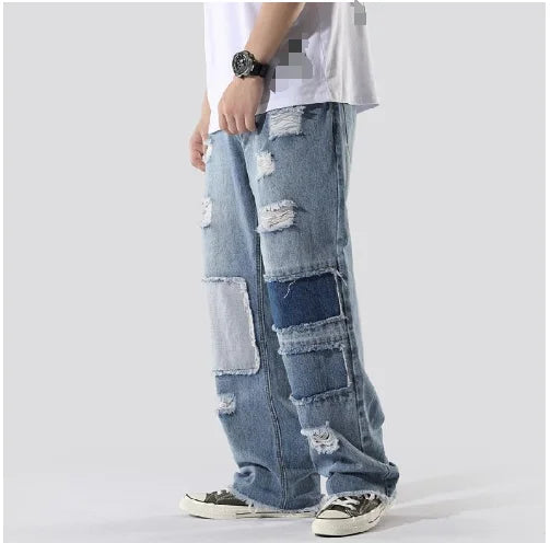 Men patched up torn jeans men loose-fitting trendy jeans blue slacks stretch jeans men's 2025 fashion new trend jean