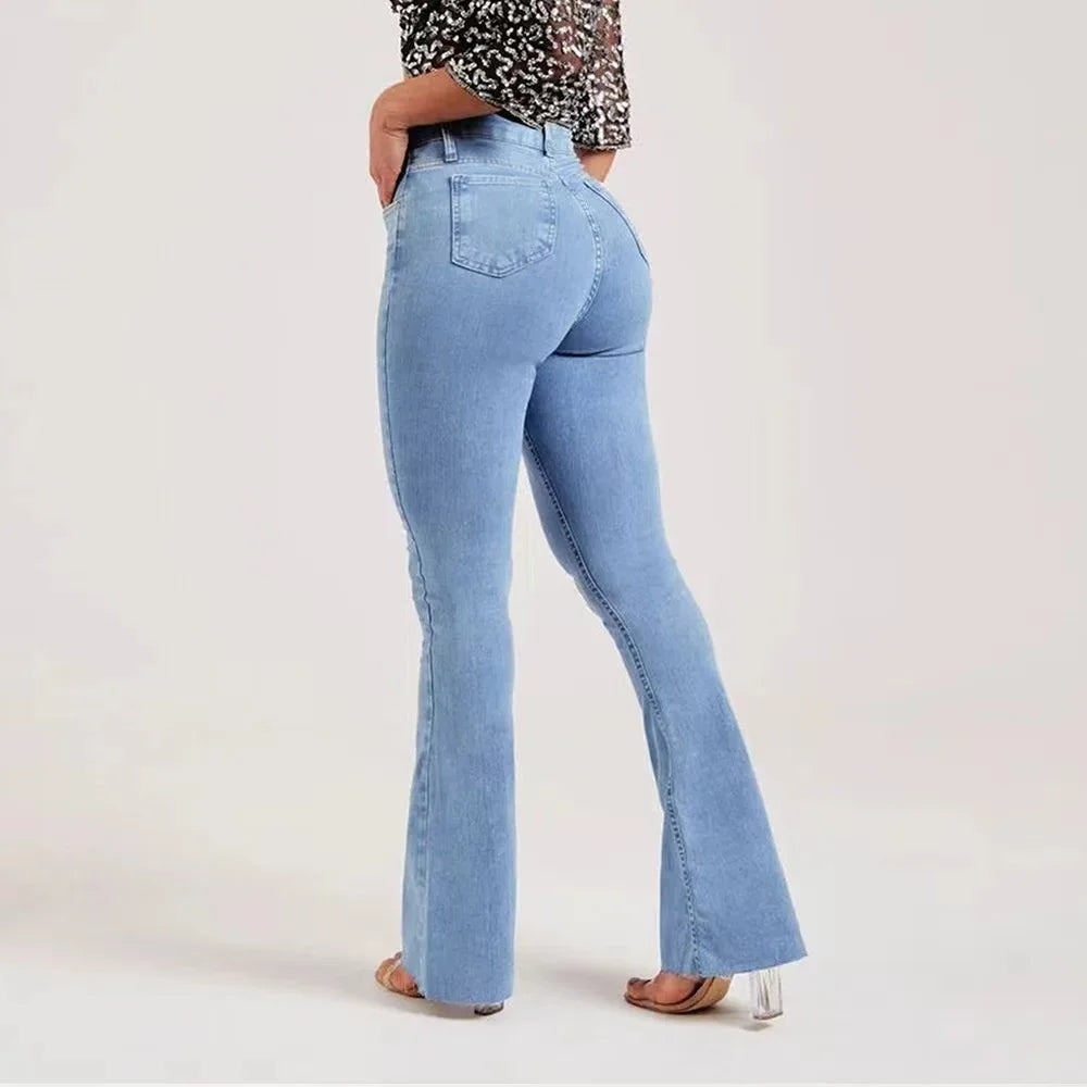 Women Jeans Flare Pants Denim Washing Loose Fit Bootcut Pockets High Street Slight Strech Solid Full Length Spring 2024