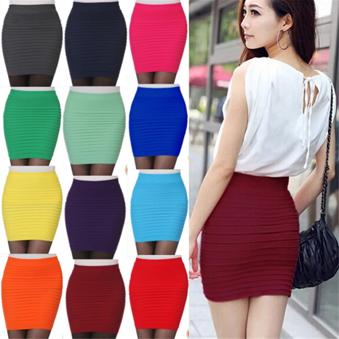 Summer Women High Waist Skirt Solid Color Elastic Pleated Skirt For Office Lady Draped Slim Mini Skirt Sexy Lady Pencil Skirts