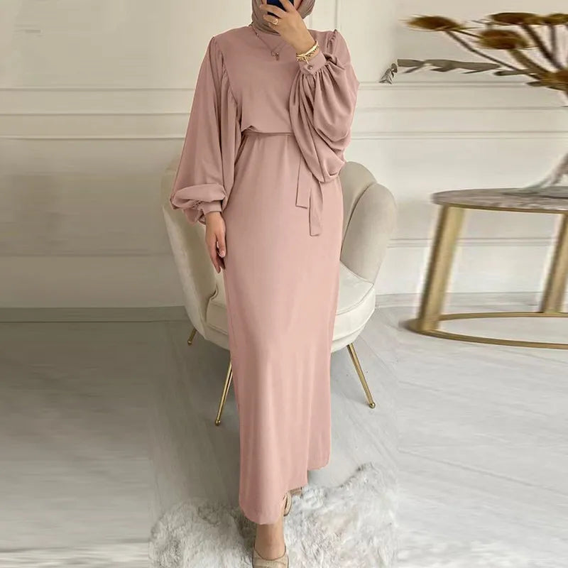 New Elegant Simple Lace-up Muslim Dress Long Sleeve Solid Color Sundress Robe Modest Muslim Robe Dress