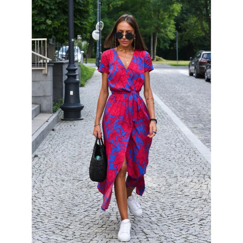 Women V Neck Split Lace-up Dress Floral Print Long Dresses Summer Sexy Female Casual Elegant Short Sleeve Beach Dress Vestidos