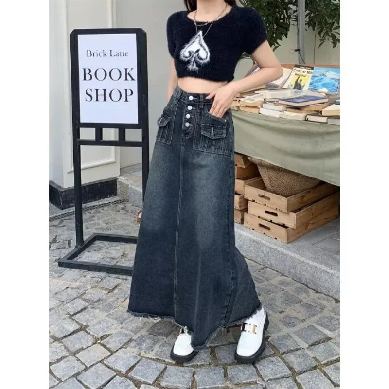 2024 New Streetwear Denim Skirt Spring Summer Fashion Frayed Hem Pocket High Waist Long Jeans Skirt Loose Plus Size Skirt S-5XL