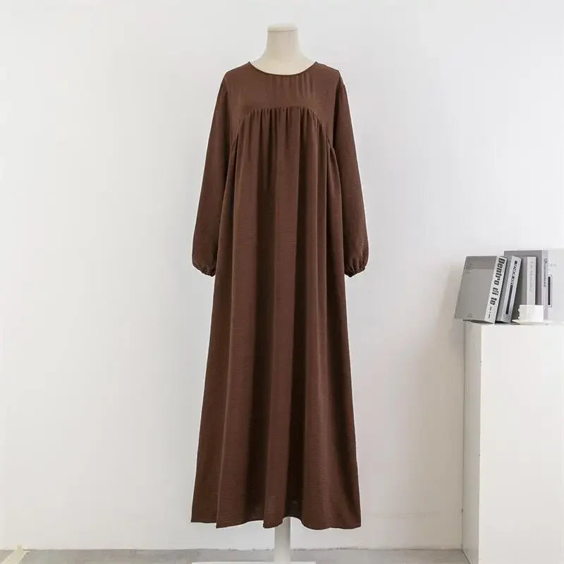 Spring Autumn Muslim Dress Women Loose Maxi Dresses Fashion Female Full Sleeve Casual Solid Pockets Robe Long Dresses Vestidoes