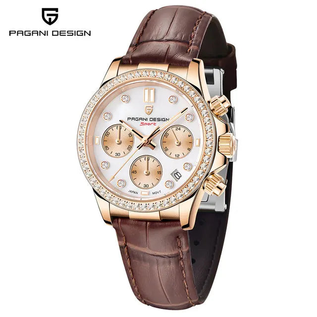 PAGANI DESIGN Women's Automatic Quartz Watch Luxury Sapphire Glass Leather Waterproof Watch Multifunctional Chronometer Women