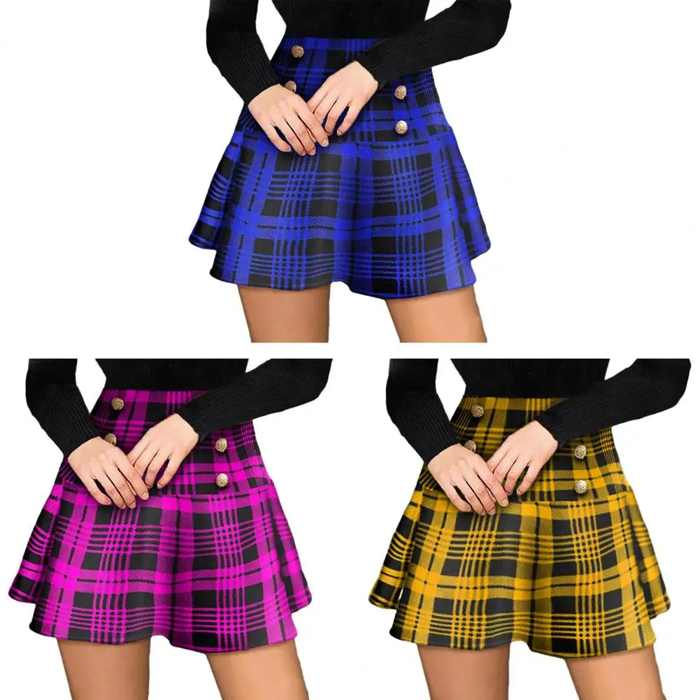 Fashionable Pleated Skirt Plaid Print High Waist Pleated Skirt with Button Detailing Elegant Fashionable Women's Skirt in Soft