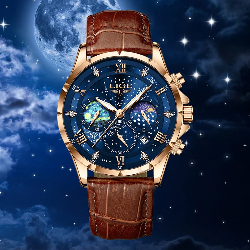 LIGE Women Watches Fashion Luxury Quartz Leather Strap Moon Phase Waterproof Luminous Wristwatch Date Business Casual Lady Clock