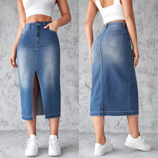 Denim Skirts Wrap Buttocks Dress Solid Washed High Waist Women Pencil Skirt Spliced Pockets Ankle Length Slim Solid Casual