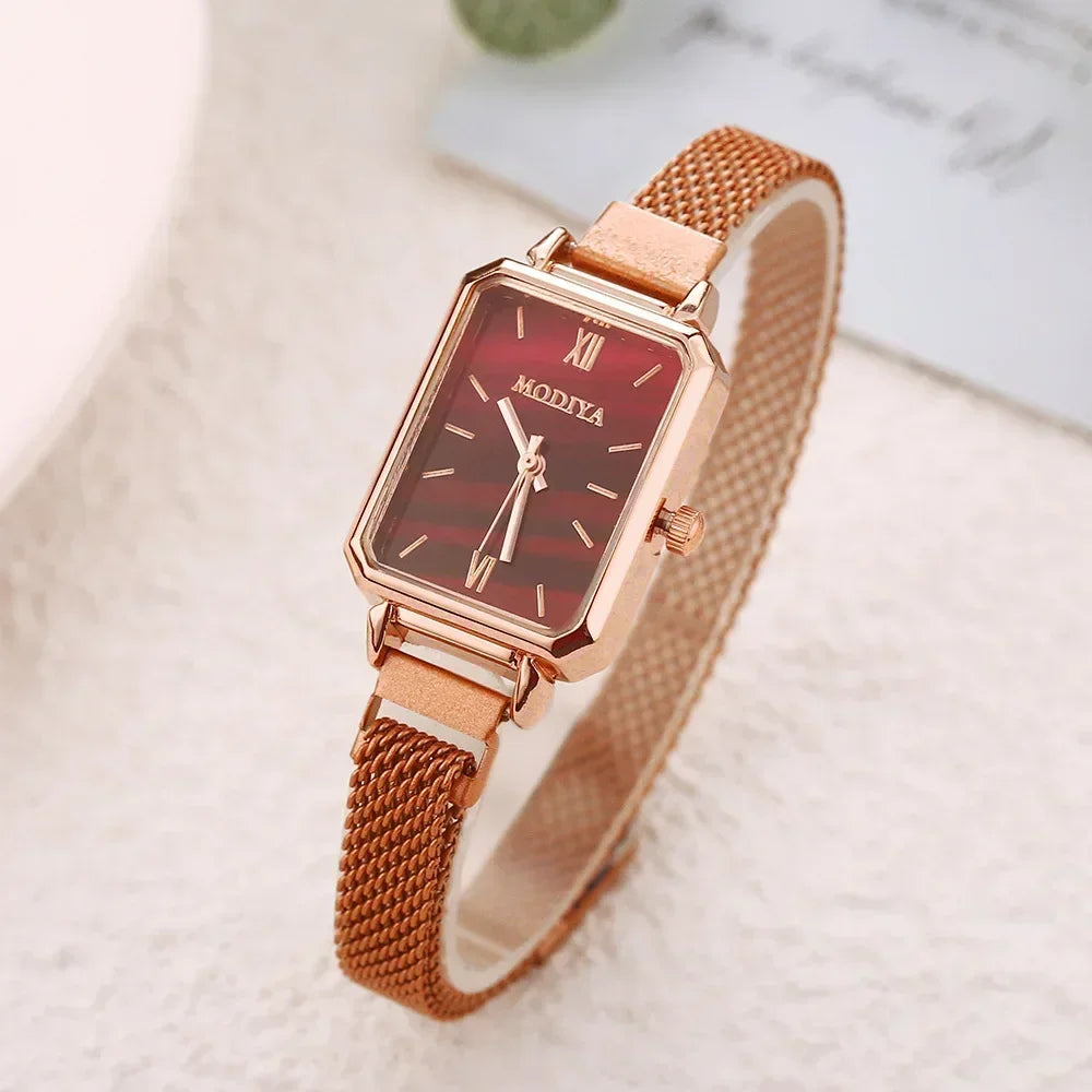 2024 New Women Watches Fashion Square Ladies Quartz Watch Magnetic Strap Green Dial Simple Rose Gold Mesh Luxury Women Watches