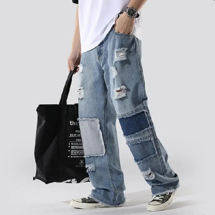 Men patched up torn jeans men loose-fitting trendy jeans blue slacks stretch jeans men's 2025 fashion new trend jean