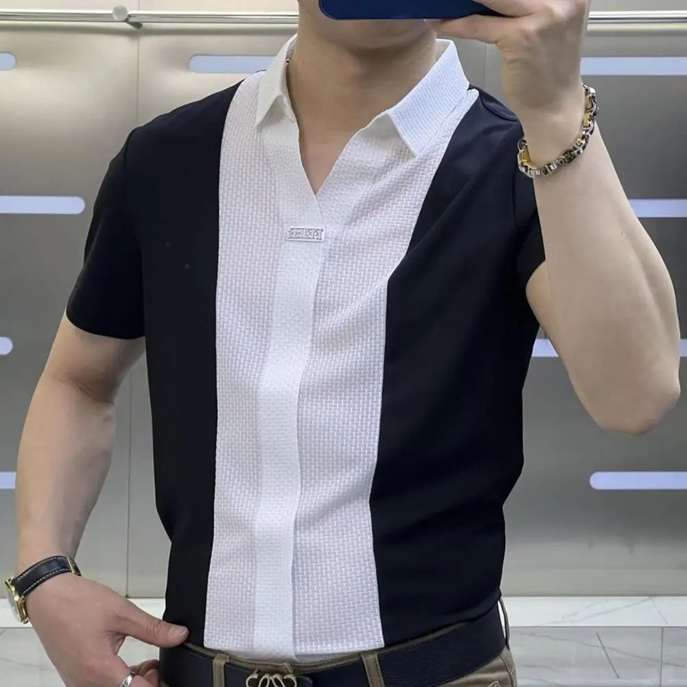 Men Short-sleeve Shirt Formal Business Style Men's Summer Shirt With Turn-down Collar Short Sleeves Slim Fit Patchwork Soft