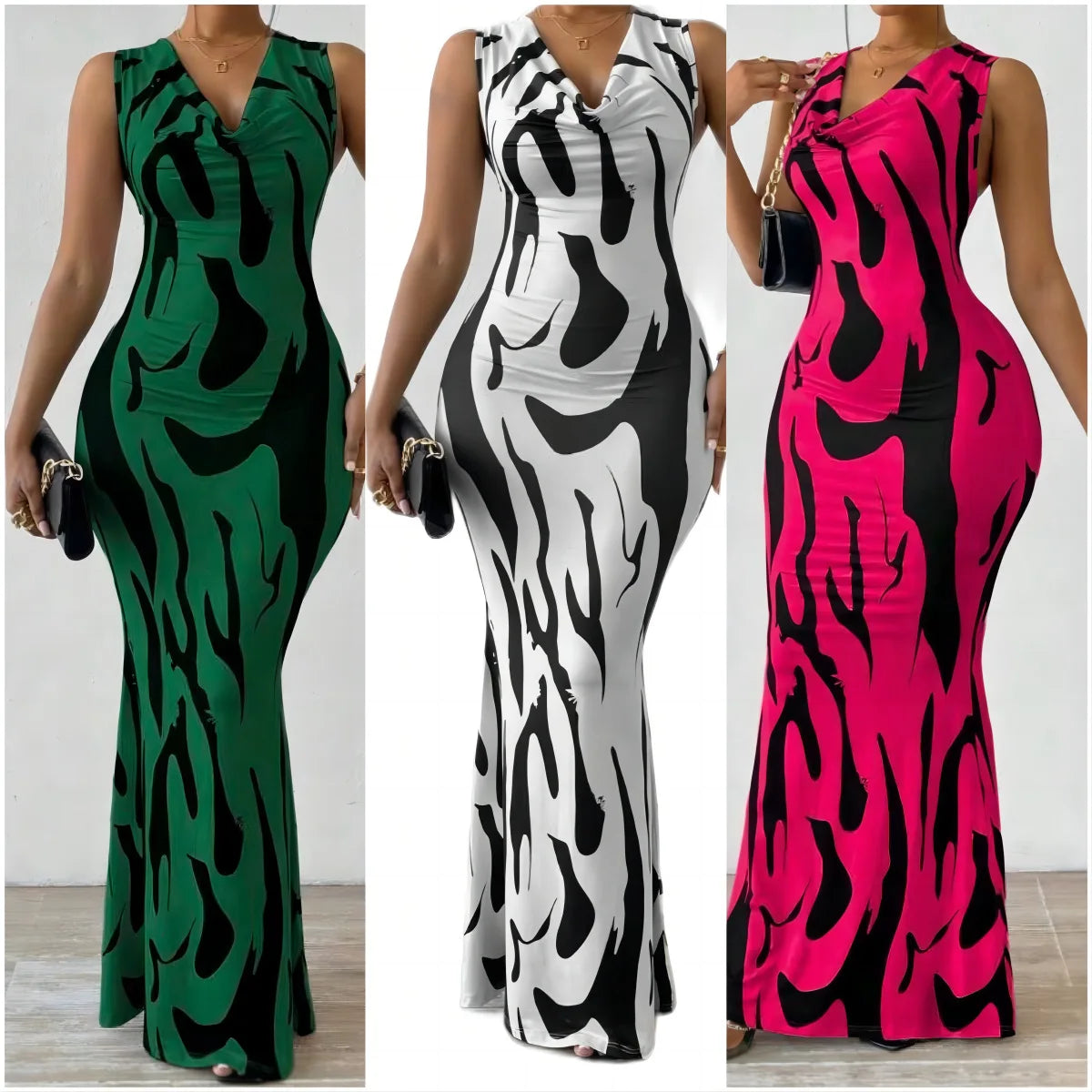 Women Print Dress Sleeveless Splice Slim Fit Long Dresses Midi Waist Wrap Hip Vestidos Elegant Office Lady Summer 2024