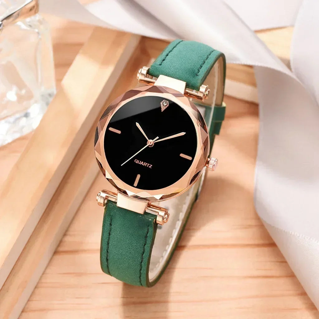 2024 Luxury Fashion Women Watch Set PU Leather Strap Ladies Quartz Wristwatch Rhinestone RoseGold Alloy Bracelet for Ladies Gift