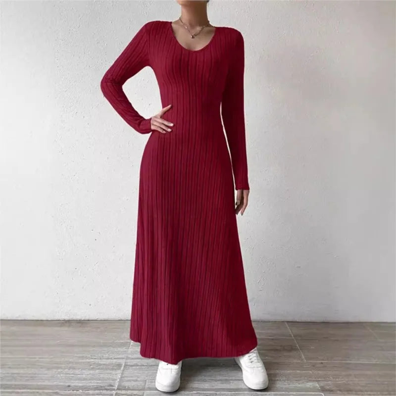 Autumn and winter knitted ribbed slim fit long sleeved A-line lady long skirt solid color Vneck tight skirt elastic knitted robe