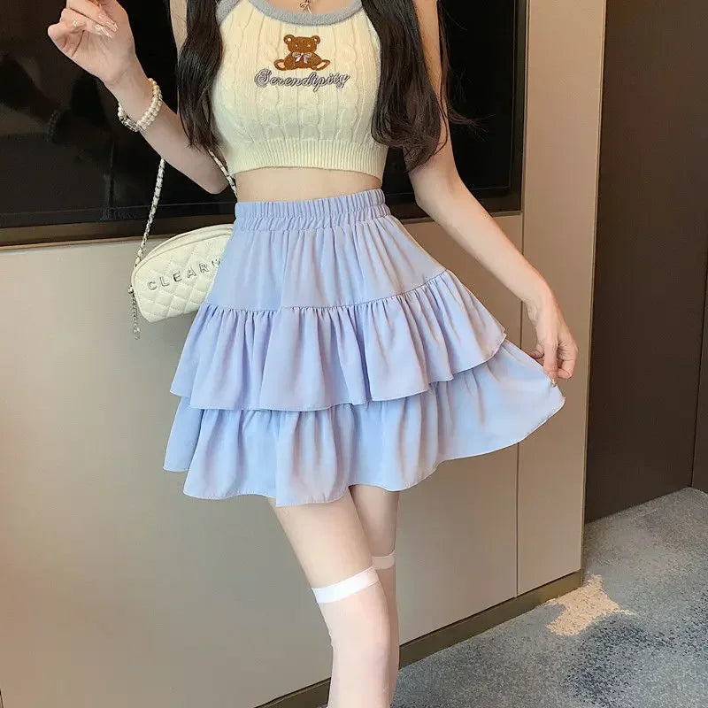 2024 New Ruffled Cake Skirts Women High Waist A-line Solid All-match Sweet Lovely Girl Korean Gentle Spring Kawaii Casual Skirts