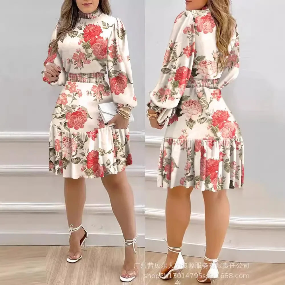 Women Print Floral Midi Dress Stand Collar Full Sleeve Dresses Tight High Waist Casual Vestidos Elegant Lady Autumn Winter