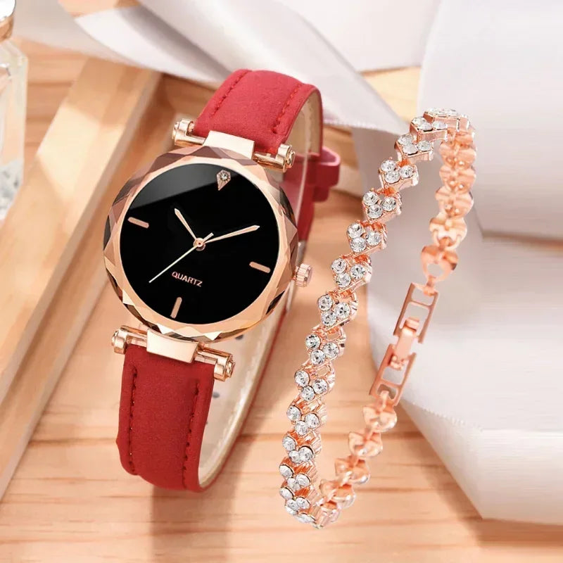 2024 Luxury Fashion Women Watch Set PU Leather Strap Ladies Quartz Wristwatch Rhinestone RoseGold Alloy Bracelet for Ladies Gift