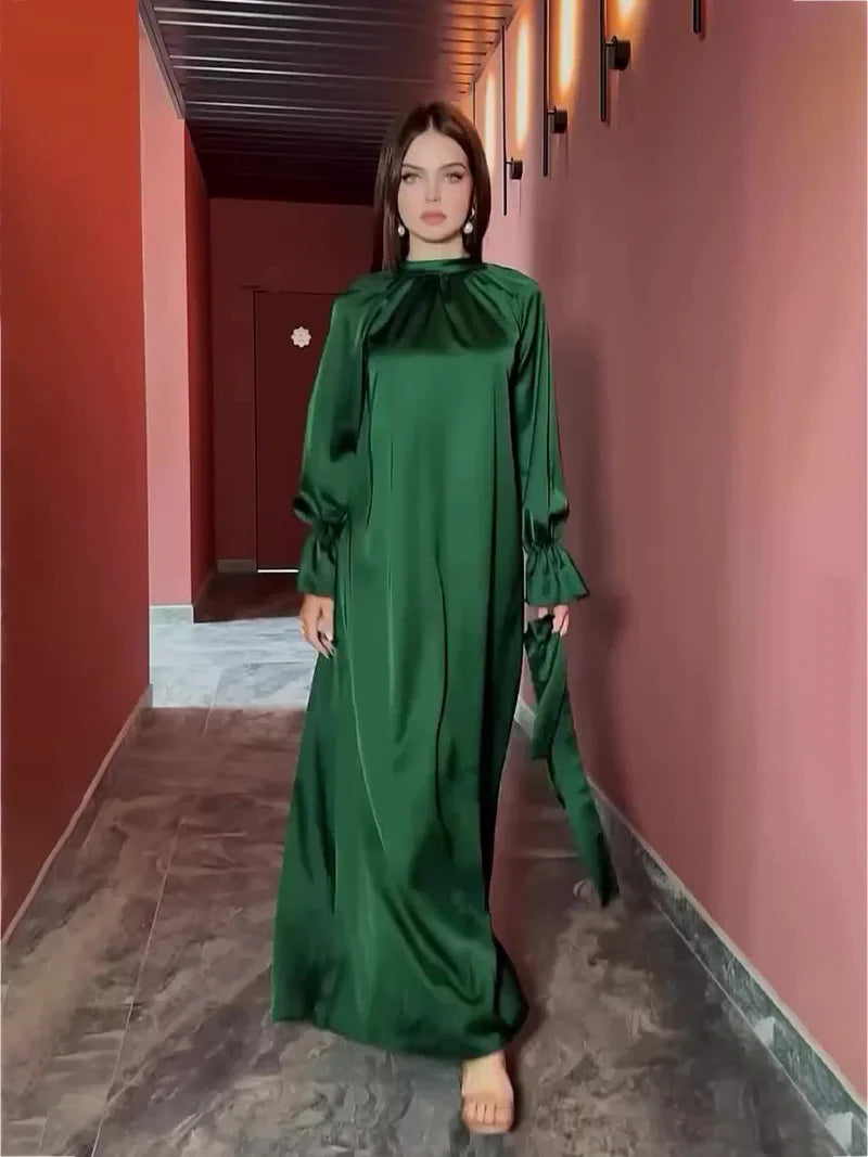 Long Sleeve Muslim Dress Women Solid Satin Dress for Women Slim-fit Belt Evening Dresses Abaya Dubai Islamic Clothing Vestidos