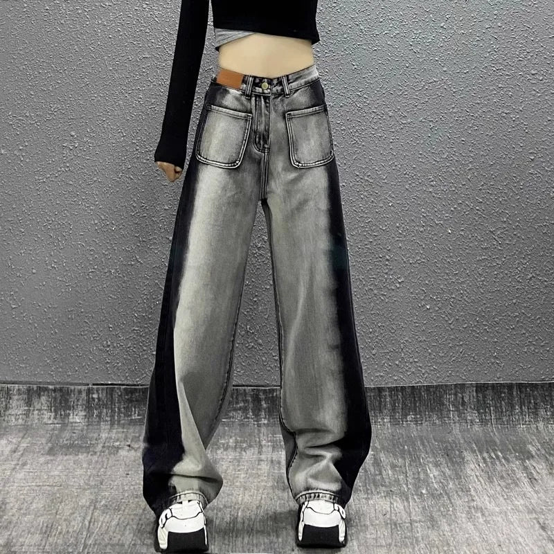 Women Patchwork Jeans Distressed High Waist Denim Wide Leg Pants Streetwear Female Vintage Denims Autumn Trousers Floor Length