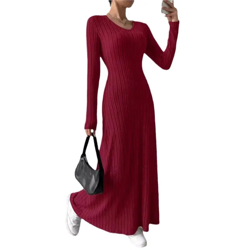 Autumn and winter knitted ribbed slim fit long sleeved A-line lady long skirt solid color Vneck tight skirt elastic knitted robe