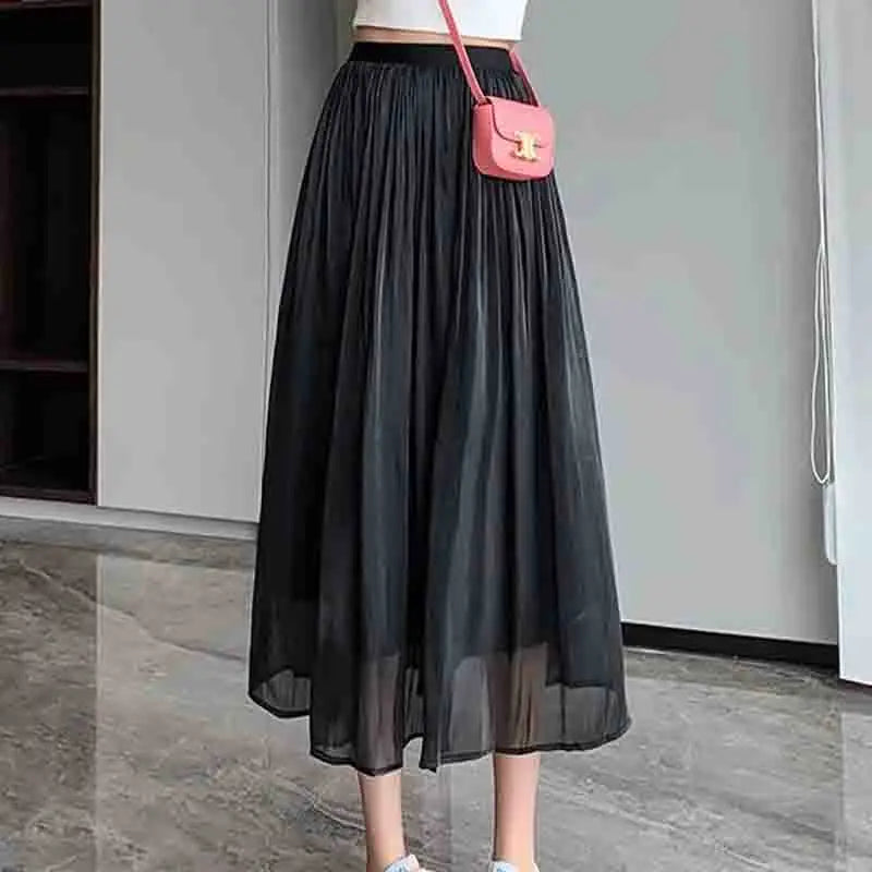 Female Summer Advanced Sense Flowing Light Mid Length A-line Gauze Skirt Women Solid Color Socialite Large Swing Umbrella Skirt