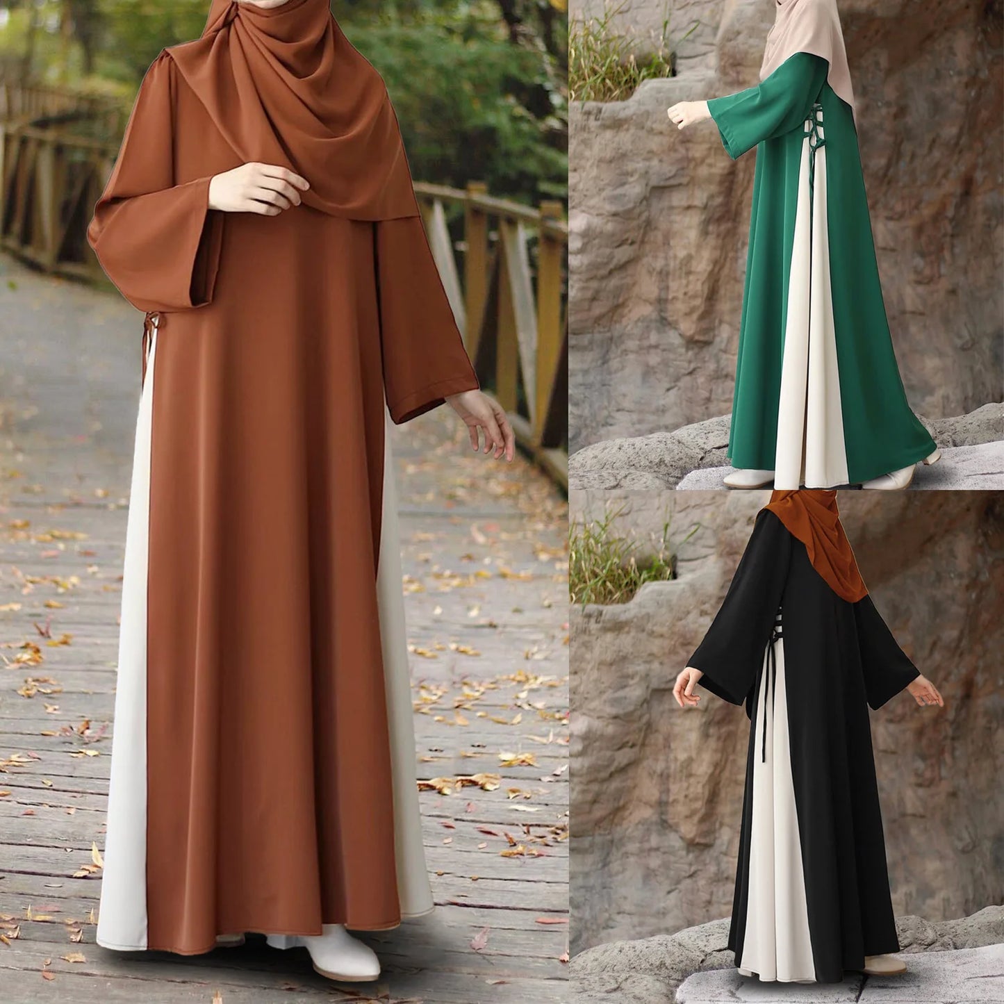 Muslim Women Modest Long Dress Patchwork Drawstring Arab Robe Vestidos Jalabiya Dubai Saudi Abayas Morocco Eid Ramadan Dresses