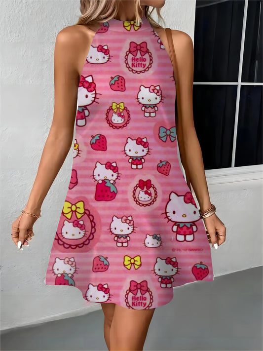 Beach Female Women's Dress Off Shoulder Midi Dresses Hello Kitty Bow Knot Apron Womens Fashion Summer 2024 Elegant Party Evening